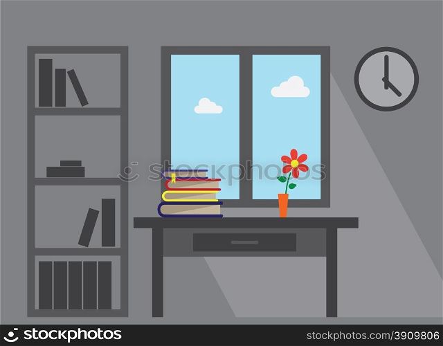 room window lond shadow furniture office table books and flower vector flat illustration
