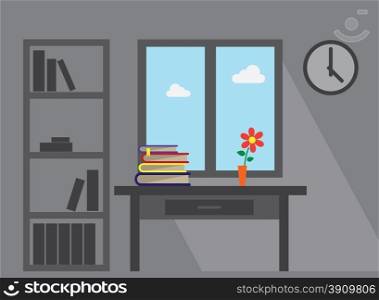 room window lond shadow furniture office table books and flower vector flat illustration