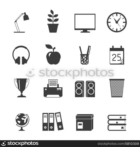 Room workspace black flat icons set with globe lamp books isolated vector illustration. Room Icons Set