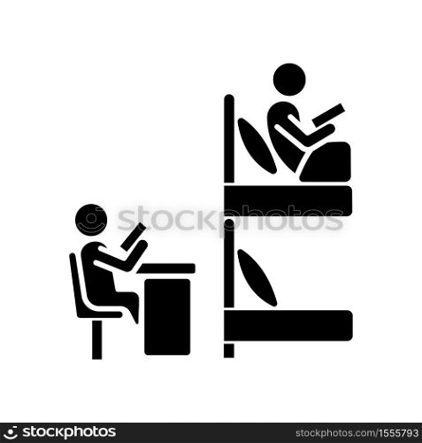 Roommates black glyph icon. Flatmates studying in dormitory room. University students sharing common room, bunk bed. Silhouette symbol on white space. Vector isolated illustration. Roommates black glyph icon
