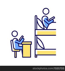 Roommates RGB color icon. Flatmates studying in dormitory room. University students sharing common room, bunk bed. Student housing and apartments. Isolated vector illustration. Roommates RGB color icon