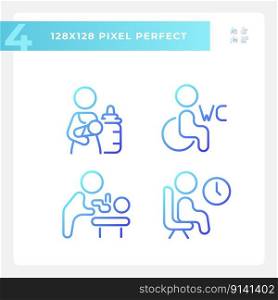 Rooms for baby care and rest pixel perfect gradient linear vector icons set. WC for disabled visitors. Place to rest. Thin line contour symbol designs bundle. Isolated outline illustrations collection. Rooms for baby care and rest pixel perfect gradient linear vector icons set