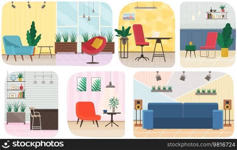 Rooms set interior with furniture and decorations. Modern room with yellow sofa, plants, floor l&, armchair for relaxing and podcasting. Arrangement of furniture and lighting in apartment. Rooms set interior with furniture and decorations for relaxing and podcasting in apartment