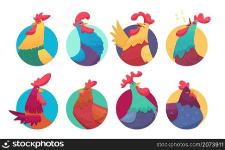 Rooster avatars. Cartoon chicken and roosters, colorful farm birds stickers vector set. Illustration rooster avatar, chicken animal color. Rooster avatars. Cartoon chicken and roosters, colorful farm birds stickers vector set