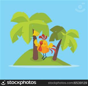 Rooster Bird on Tropic Island. Cock at Rest Vector. Rooster bird on tropic island. Cock at rest. Palm trees, sea and ocean. Holidays in hot countries. Chinese calendar zodiac cock horoscope. Chicken character collection in flat. Vector illustration