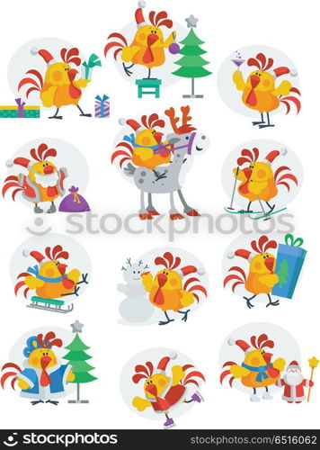 Rooster Birds Set Chinese Zodiac Horoscope. Rooster birds set isolated. Chinese calendar zodiac horoscope concept. Earthly Branch character. Cocks or Chickens collection in flat style. New year and xmas greeting cards. Vector illustration