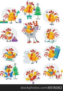 Rooster Birds Set Chinese Zodiac Horoscope. Rooster birds set isolated. Chinese calendar zodiac horoscope concept. Earthly Branch character. Cocks or Chickens collection in flat style. New year and xmas greeting cards. Vector illustration