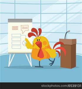 Rooster builds business plans. Cock cartoon character points on flip chart with graphs on stage flat vector. Plans for next year concept. Chinese zodiac calendar animal character. Strategy in new year. Rooster Builds Business Plans Flat Vector Concept. Rooster Builds Business Plans Flat Vector Concept