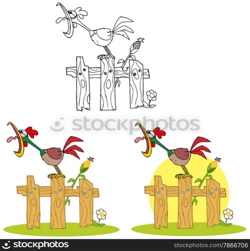 Rooster Cartoon Character Crowing Stepped On The Fence. Collection Set