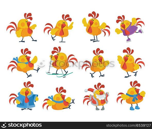 Rooster cartoon character icons. Cute cock dancing, skiing, skating, dressed in a Santa costume isolated flat vectors set. Chinese zodiac calendar animal. For New Year greeting card, xmas invitation. Cute Cartoon Roosters Flat Vector Icon Set. Cute Cartoon Roosters Flat Vector Icon Set