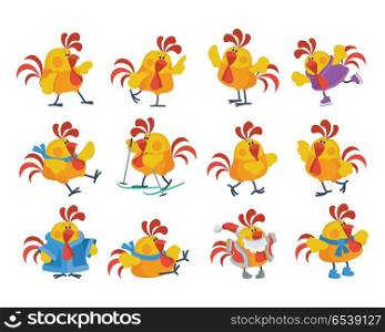 Rooster cartoon character icons. Cute cock dancing, skiing, skating, dressed in a Santa costume isolated flat vectors set. Chinese zodiac calendar animal. For New Year greeting card, xmas invitation. Cute Cartoon Roosters Flat Vector Icon Set. Cute Cartoon Roosters Flat Vector Icon Set