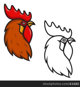 Rooster head isolated on white background. Design element for logo, label, emblem, sign, brand mark. Year of the fire rooster. Vector illustration.
