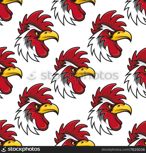 Rooster head seamless background pattern with a fierce curved beak and red comb