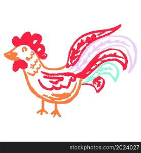 Rooster. Icon in hand draw style. Drawing with wax crayons, colored chalk, children&rsquo;s creativity. Vector illustration. Sign, symbol, pin. Icon in hand draw style. Drawing with wax crayons, children&rsquo;s creativity