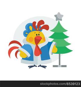 Rooster in Christmas costume near Christmas tree on stand isolated flat vector. Chinese zodiac calendar animal character. Cute rooster cartoon for New Year greeting card, Xmas holiday invitation. Rooster in Christmas Suit Cartoon Flat Vector Icon. Rooster in Christmas Suit Cartoon Flat Vector Icon