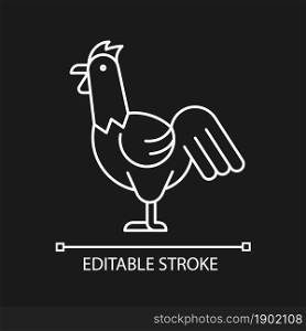 Rooster linear icon for dark theme. Commercial chicken raising. Growing livestock. Young cockerel. Thin line customizable illustration. Isolated vector contour symbol for night mode. Editable stroke. Rooster linear icon for dark theme