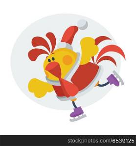 Rooster on skates. Cock in Santa clothing skating on ice isolated flat vector. Chinese zodiac calendar animal character. Cute rooster cartoon for New Year greeting card, xmas holiday invitation. Cute Rooster on Skates Cartoon Flat Vector Icon. Cute Rooster on Skates Cartoon Flat Vector Icon