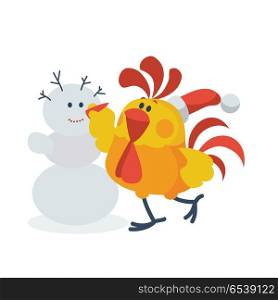 Rooster sculpts snowman. Cock in Santa hat touches carrot nose to snowman isolated flat vector. Chinese zodiac calendar character. Animal cartoon for New Year greeting card, xmas holiday invitation. Rooster with Snowman Flat Vector Illustration. Rooster with Snowman Flat Vector Illustration