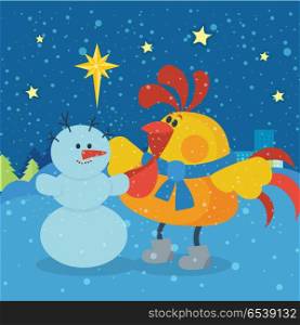 Rooster sculpts snowman. Cute cock dancing near snowman at Christmas eve night flat vector. Chinese zodiac calendar cartoon character. Merry Christmas and Happy New Year concept for greeting cards. Rooster Sculpts Snowman at Christmas Eve Night. Rooster Sculpts Snowman at Christmas Eve Night