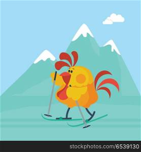 Rooster skiing in mountains. Cute cock cartoon goes skiing, snow-capped mountains on background flat vector. Chinese zodiac calendar animal character. Active leisure on winter holiday vacation concept. Rooster Skiing in Mountains Cartoon Flat Vector. Rooster Skiing in Mountains Cartoon Flat Vector