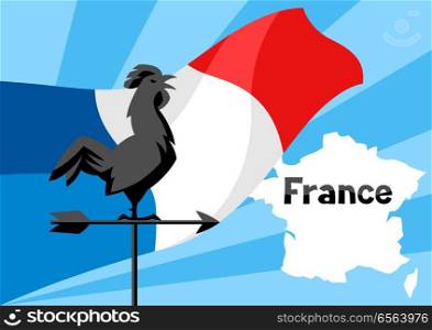 Rooster weathervane on flag of France. Patriotic illustration.. Rooster weathervane on flag of France.