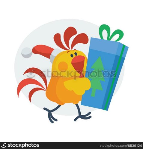 Rooster with gift box. Cock in Santa hat with wrapped present isolated flat vector. Chinese zodiac calendar animal character. Cute rooster cartoon for New Year greeting card, xmas holiday invitation. Cute Rooster with Gift Cartoon Flat Vector Icon. Cute Rooster with Gift Cartoon Flat Vector Icon