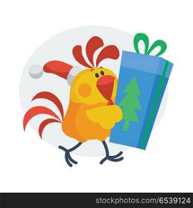 Rooster with gift box. Cock in Santa hat with wrapped present isolated flat vector. Chinese zodiac calendar animal character. Cute rooster cartoon for New Year greeting card, xmas holiday invitation. Cute Rooster with Gift Cartoon Flat Vector Icon. Cute Rooster with Gift Cartoon Flat Vector Icon