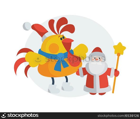 Rooster with Santa Claus. Cock in Christmas hat near Santa with scepter isolated flat vector. Chinese zodiac calendar animal cartoon characters for New Year greeting card, xmas holiday invitation. Rooster with Santa Claus Cartoon Flat Vector Icon. Rooster with Santa Claus Cartoon Flat Vector Icon
