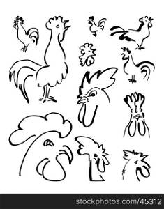 Roosters sketched with ink, simple lines