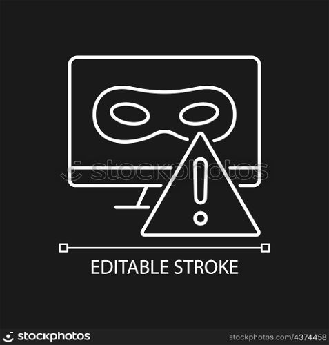 Rootkit white linear icon for dark theme. Clandestine malicious software. Thin line customizable illustration. Isolated vector contour symbol for night mode. Editable stroke. Arial font used. Rootkit white linear icon for dark theme