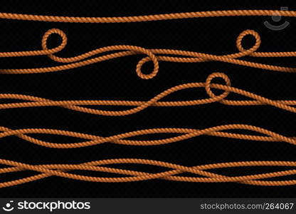 Rope borders. Cord threads, twisted ropes texture. Marine realistic sailor string 3d vector set. Rope borders. Cord threads, twisted ropes texture. Marine realistic sailor string vector set