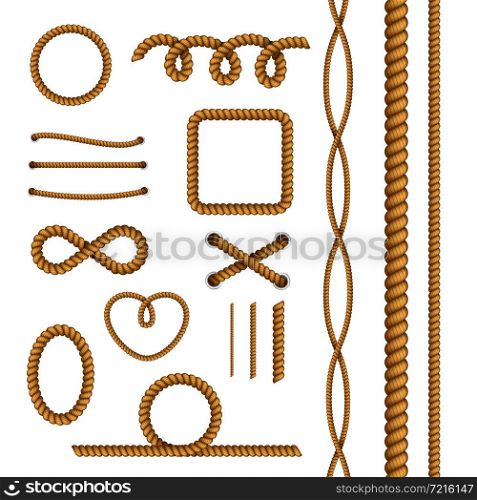 Rope decorative elements collection with round square oval heart shaped frames lacing cord realistic samples vector illustration . Rope Decorations Realistic Set