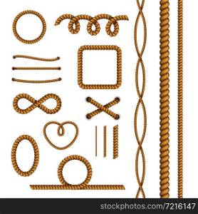 Rope decorative elements collection with round square oval heart shaped frames lacing cord realistic samples vector illustration . Rope Decorations Realistic Set