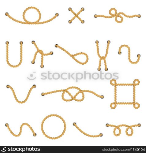 Rope knots. Marine navy cordage knots, decorative rope frame, divider and nautical knot vector isolated illustration icons set. Rope and thread line, marine cord bowline. Rope knots. Marine navy cordage knots, decorative rope frame, divider and nautical knot vector isolated illustration icons set