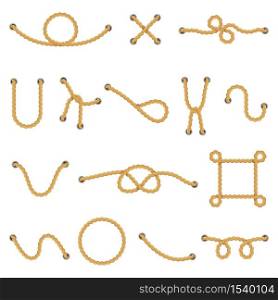 Rope knots. Marine navy cordage knots, decorative rope frame, divider and nautical knot vector isolated illustration icons set. Rope and thread line, marine cord bowline. Rope knots. Marine navy cordage knots, decorative rope frame, divider and nautical knot vector isolated illustration icons set