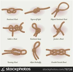 Rope Knots Set. Illustration of a set of marine, fisher and sailor rope knots icons, with noose, slipknot, tightrope, bowstring and other nodes specialties, with text legends
