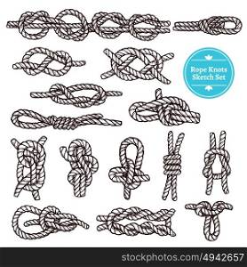 Rope Knots Sketch Set. Rope knots sketch set with different hitches and bends on white background isolated vector illustration