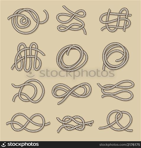 Rope shape. Abstract twisted cable or textile knots parts nautical symbols marine ropes recent vector illustration set. Rope string and nautical cord. Rope shape. Abstract twisted cable or textile knots parts nautical symbols marine ropes recent vector illustration set