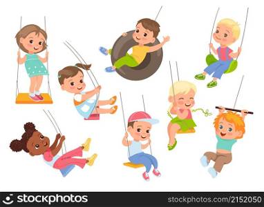 Rope swings kids. Cute little boys and girls flying various types swings, childish outdoor plays, happy preschoolers attractions, outdoors carousels, leisure time, vector cartoon flat isolated set. Rope swings kids. Cute little boys and girls flying various types swings, childish outdoor plays, happy preschoolers attractions, outdoors carousels, vector cartoon flat isolated set