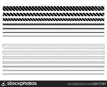 Rope symbol set. Different thickness line and silhouette ropes for decoration. Vector isolated on white. 