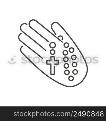 Rosary beads silhouette in hand. Prayer jewelry for meditation. Catholic chaplet with a cross. Religion symbol. Vector isolated illustration. Rosary beads silhouette. Prayer jewelry for meditation. Catholic chaplet with a cross in hand. Religion symbol. Vector illustration.