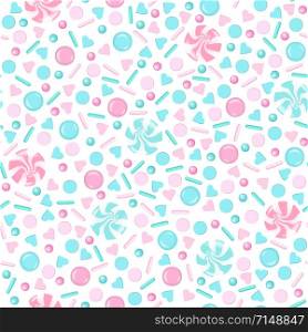 Rose and blue sweet Sprinkles seamless pattern. pearl sugar, candy, lollipop, hearts, icing, different toppings for cakes, sweetmeats, hearts, goodies vector illustration for web, wrapping, wallpapers. Rose and blue sweet Sprinkles seamless pattern. pearl sugar, candy, lollipop, hearts, icing