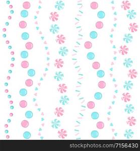 Rose and blue sweet Sprinkles swirled ribbins seamless wave pattern. pearl sugar, candy, lollipop, hearts, icing, different toppings, hearts, goodies vector illustration for web, wrapping, wallpapers. Rose and blue sweet Sprinkles swirled ribbins seamless wave pattern. pearl sugar