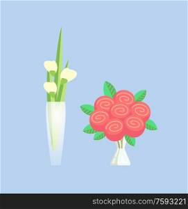 Rose and tulip bouquets in vase vector, container filled with water isolated icons set. Decoration of interior, natural plants with flourishing blooming. Rose and Tulip Bouquets in Vase with Water Set