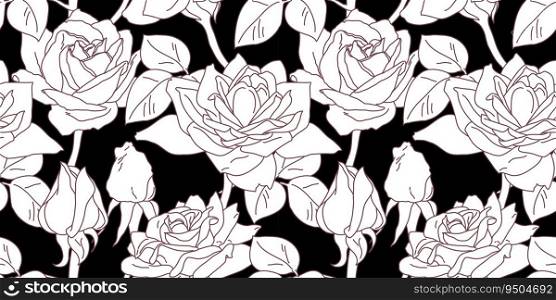 Rose blossom flower and buds in bloom seamless tile pattern in black and white. Hand drawn realistic detailed vector illustration for fabric print.. Rose blossom flower and buds in bloom seamless tile pattern in black and white. Hand drawn realistic detailed vector illustration.