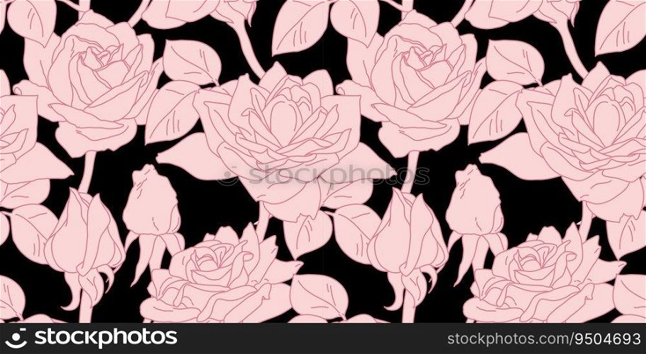 Rose blossom flower and buds in bloom seamless tile pattern in pink. Hand drawn realistic detailed vector illustration for fabric print.. Rose blossom flower and buds in bloom seamless tile pattern in pink. Hand drawn realistic detailed vector illustration.