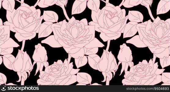 Rose blossom flower and buds in bloom seamless tile pattern in pink. Hand drawn realistic detailed vector illustration for fabric print.. Rose blossom flower and buds in bloom seamless tile pattern in pink. Hand drawn realistic detailed vector illustration.