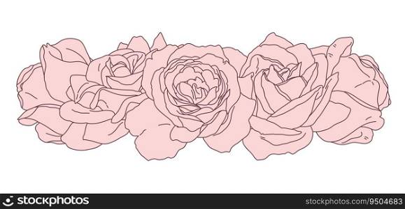 Rose blossom flower wreath bouquet line with fill art. Hand drawn realistic detailed vector illustration isolated.. Rose blossom flower wreath bouquet line with fill art. Hand drawn realistic detailed vector illustration.