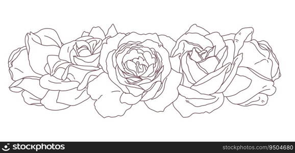 Rose blossom flower wreath outline art. Hand drawn realistic detailed vector illustration isolated.. Rose blossom flower wreath outline art. Hand drawn realistic detailed vector illustration.