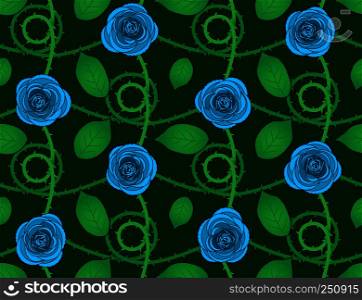 Rose blue seamless pattern with green leaves